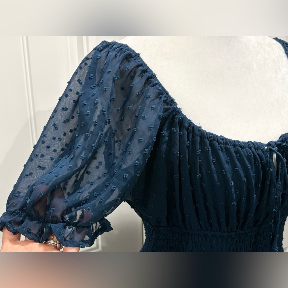 Altar'd State Navy Swiss Dot Puff Sleeve Mini Dress - Picture 5 of 7
